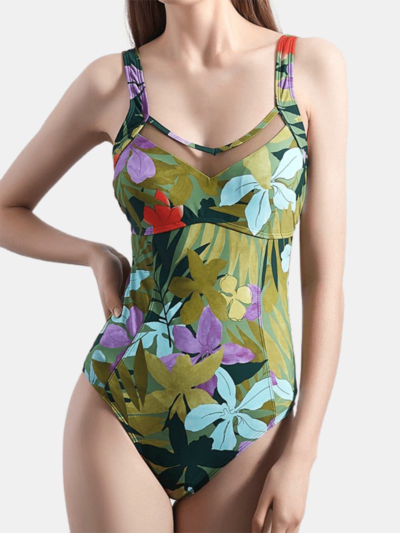 Plant Med Tryck Cut Out Tie Back One Piece Hawaii Summer Beach Baddräkt För Kvinnor