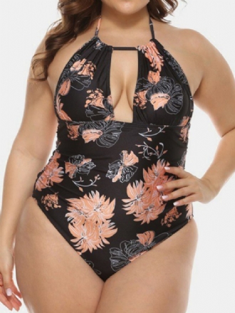 Plus Size Kvinnor Blommönster Halter Dragsko Backless One Pieces Badkläder