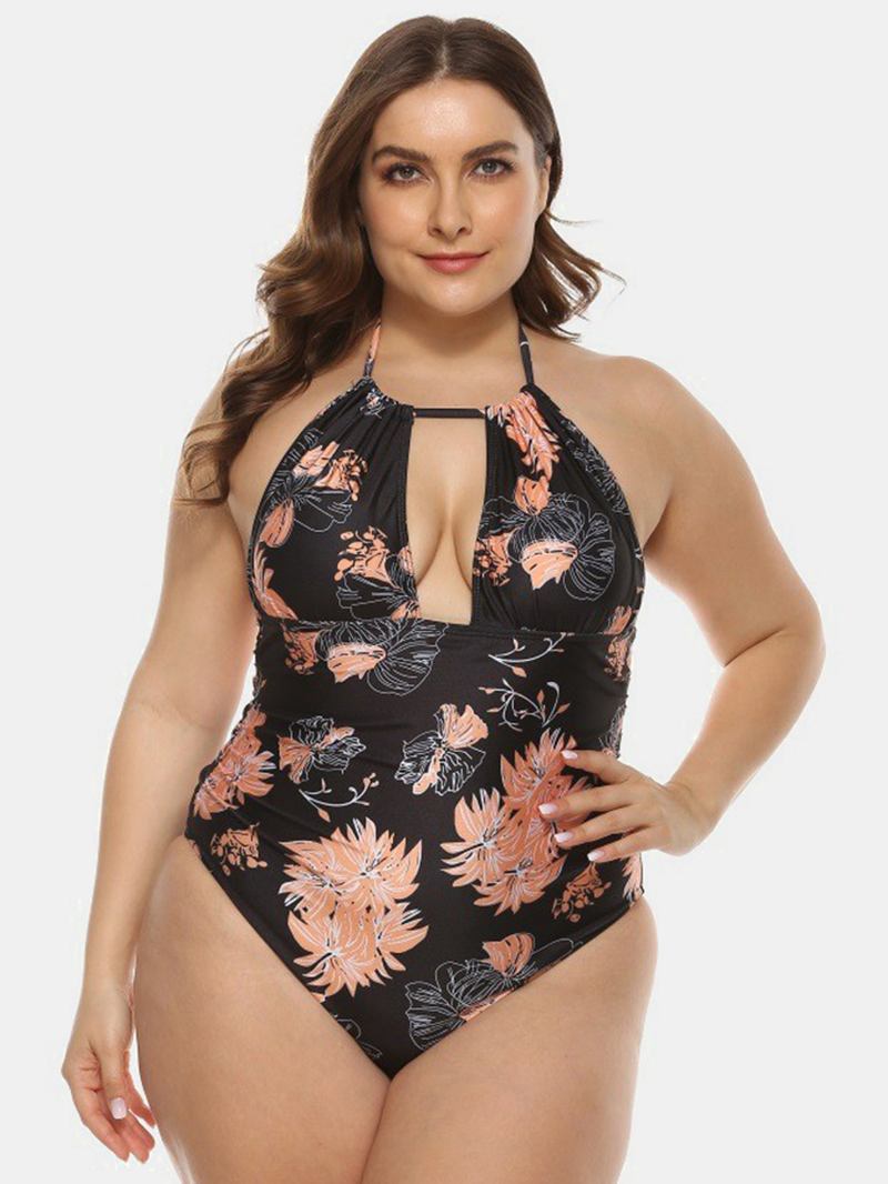 Plus Size Kvinnor Blommönster Halter Dragsko Backless One Pieces Badkläder