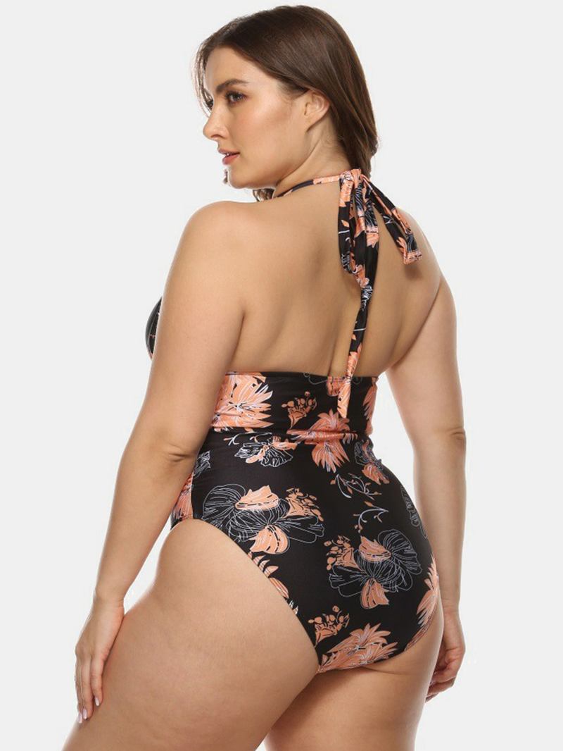 Plus Size Kvinnor Blommönster Halter Dragsko Backless One Pieces Badkläder