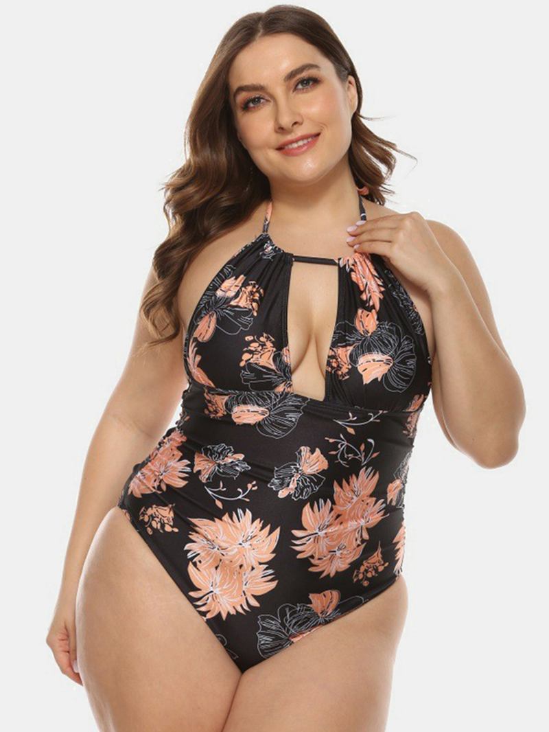 Plus Size Kvinnor Blommönster Halter Dragsko Backless One Pieces Badkläder