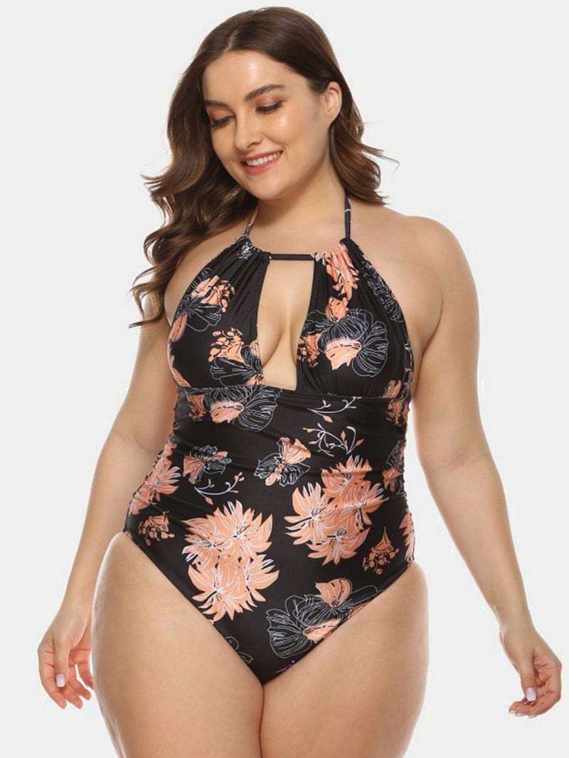 Plus Size Kvinnor Blommönster Halter Dragsko Backless One Pieces Badkläder