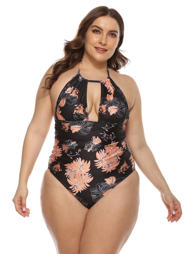 Plus Size Kvinnor Blommönster Halter Dragsko Backless One Pieces Badkläder