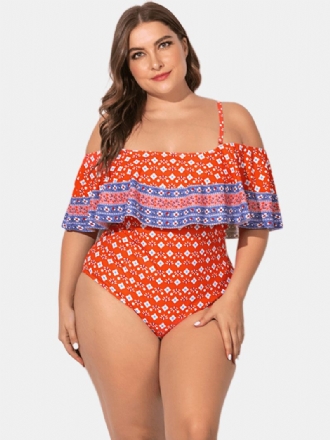 Plus Size Sling Rufsig Trim Tryckt Badkläder Off Shoulder One-pieces