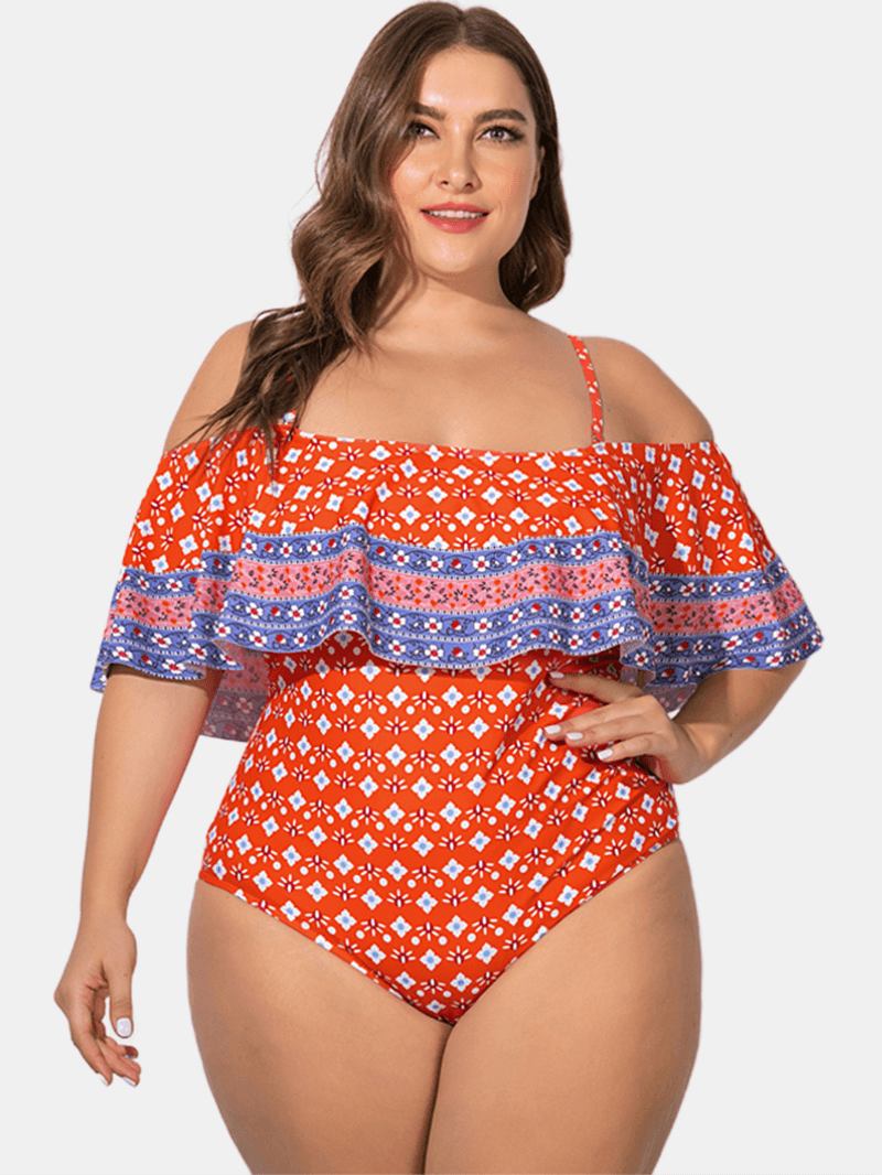 Plus Size Sling Rufsig Trim Tryckt Badkläder Off Shoulder One-pieces