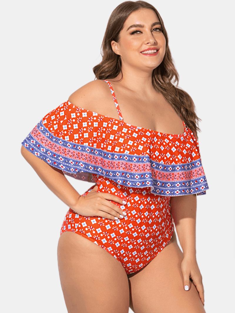 Plus Size Sling Rufsig Trim Tryckt Badkläder Off Shoulder One-pieces