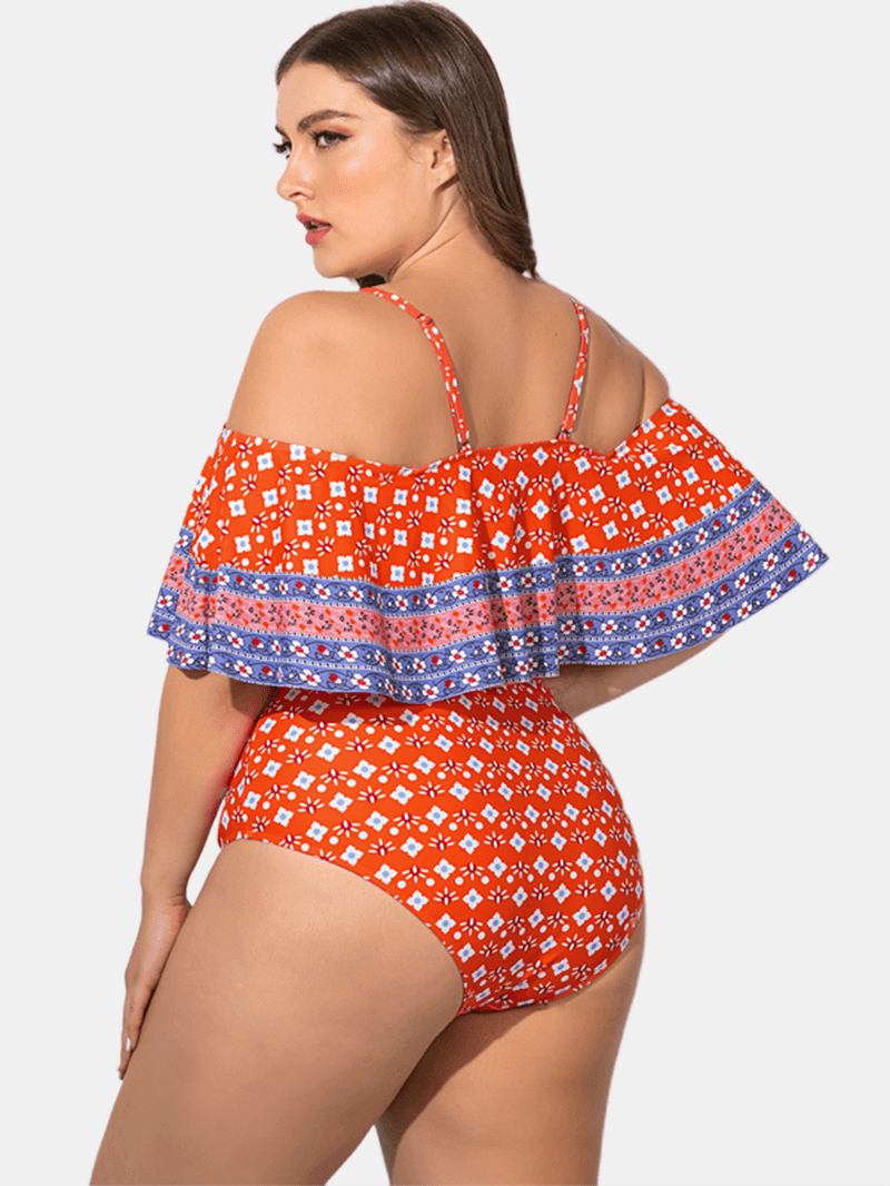 Plus Size Sling Rufsig Trim Tryckt Badkläder Off Shoulder One-pieces