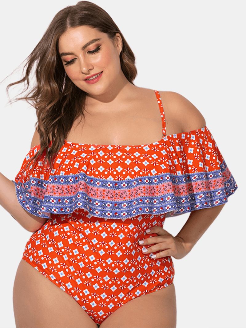 Plus Size Sling Rufsig Trim Tryckt Badkläder Off Shoulder One-pieces