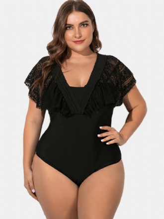 Svart Plus Size Spets Sling Deep Necklines Badkläder