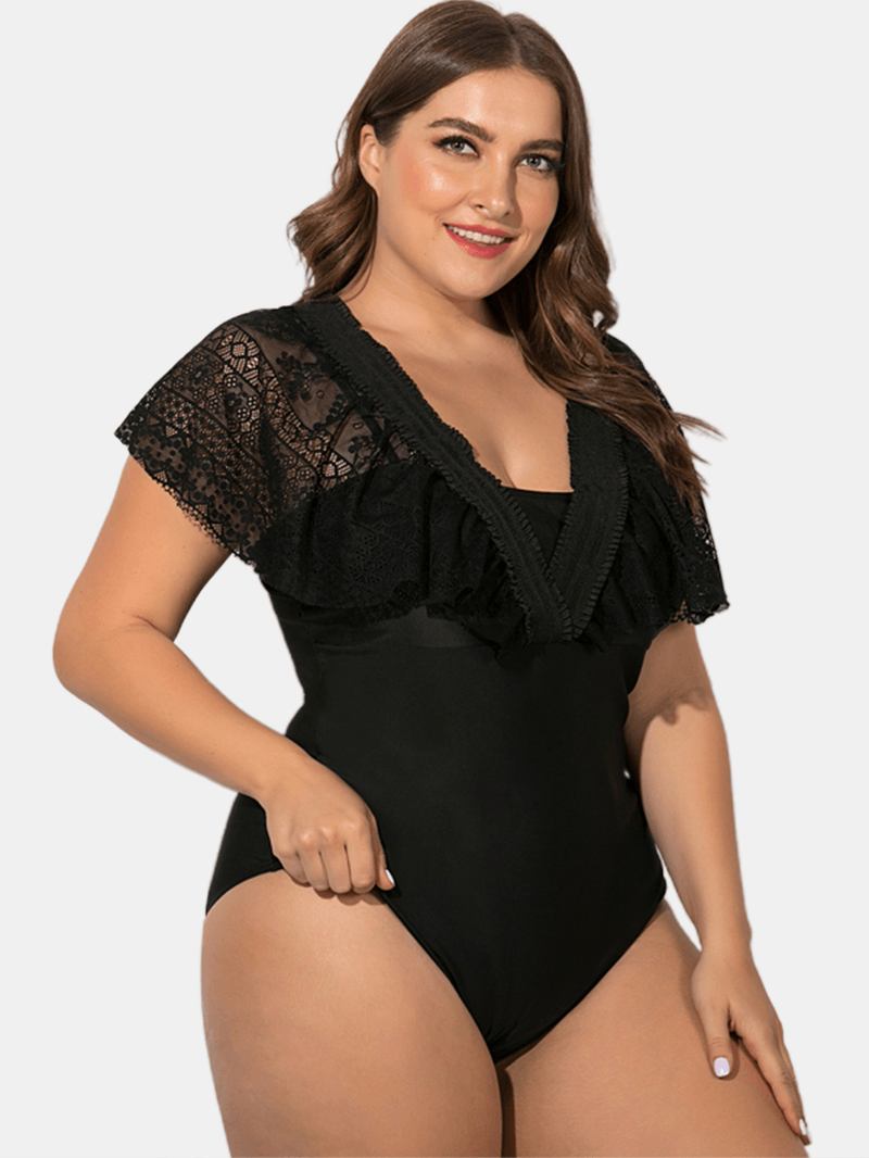 Svart Plus Size Spets Sling Deep Necklines Badkläder