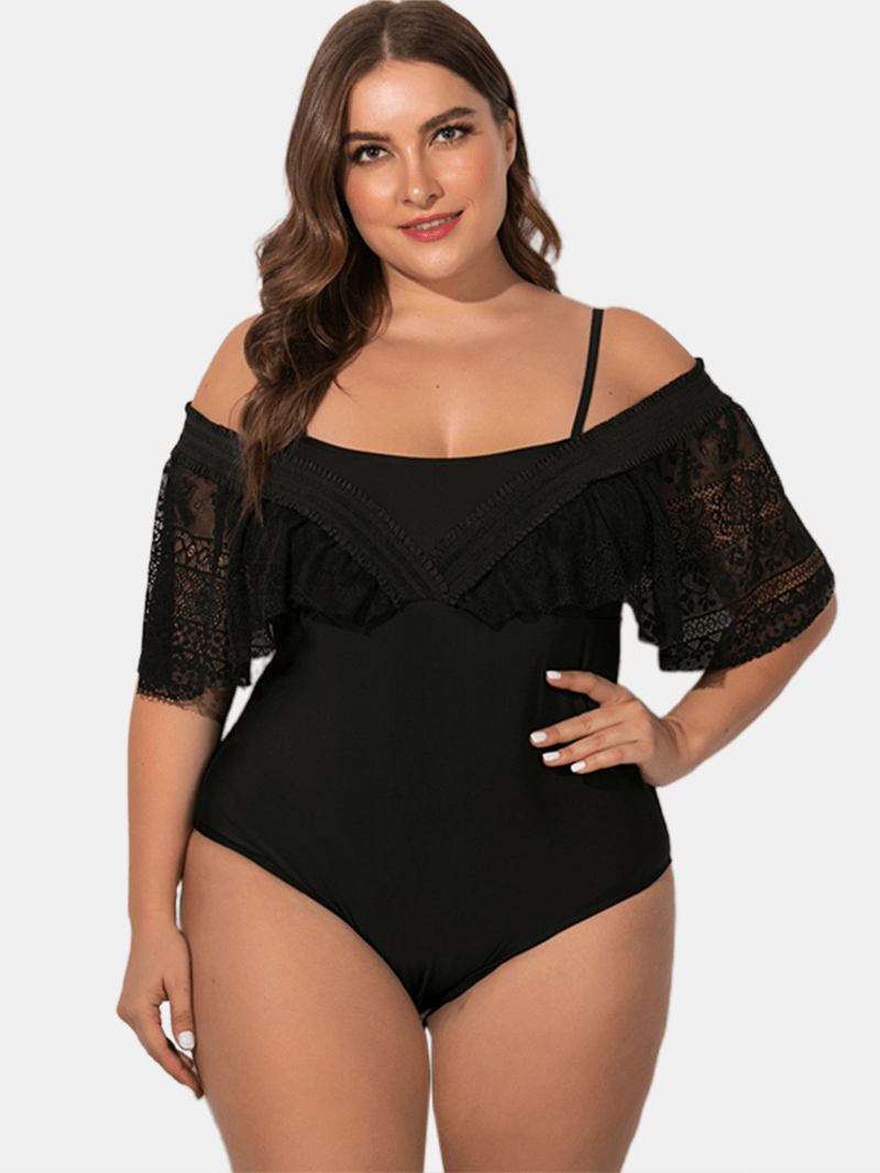 Svart Plus Size Spets Sling Deep Necklines Badkläder