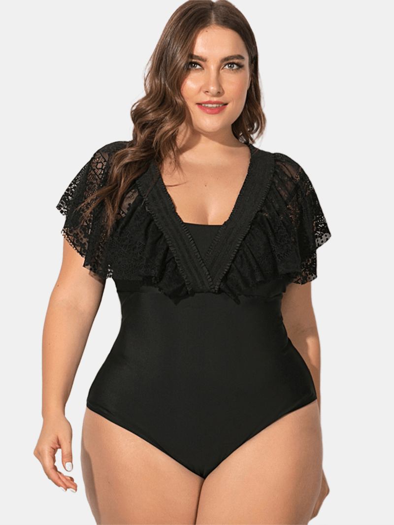 Svart Plus Size Spets Sling Deep Necklines Badkläder