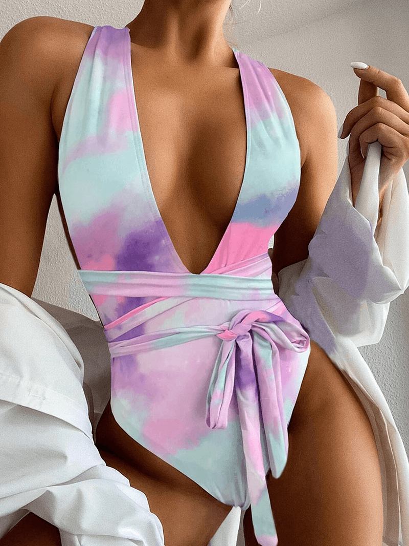 Tie Dye Backless Bandage High Fork Holiday One Piece Dam Beach Badkläder