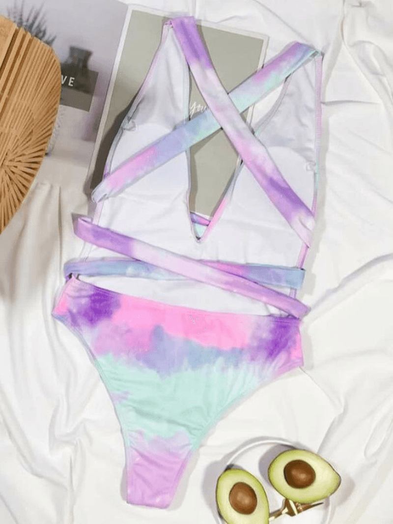 Tie Dye Backless Bandage High Fork Holiday One Piece Dam Beach Badkläder