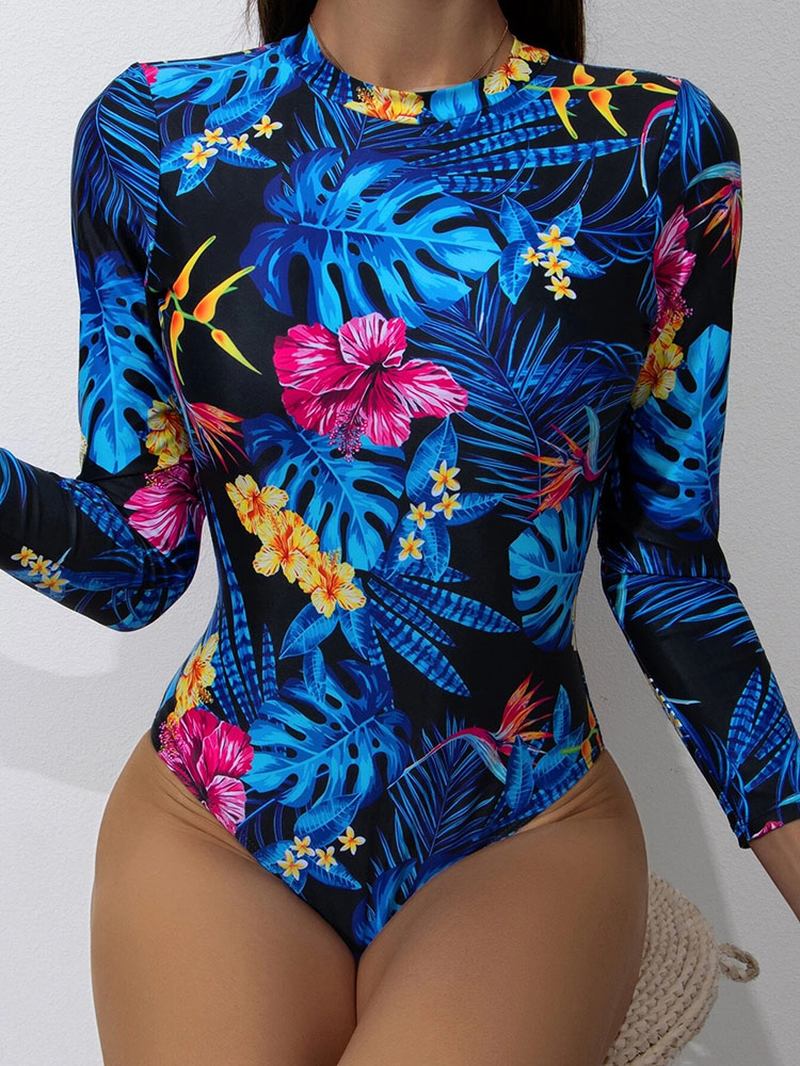 Tropical Leaves Med Tryck High Neck Backless Long Sleeving Slimming One Piece Dam Badkläder