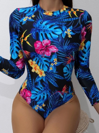 Tropical Leaves Med Tryck High Neck Backless Long Sleeving Slimming One Piece Dam Badkläder