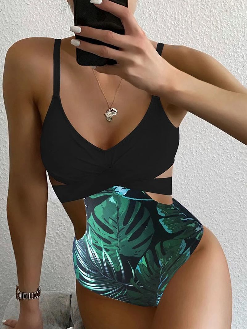 Tropical Plant Med Tryck Cross Cut Out Tie Back Hawaii Style One Piece Baddräkt För Kvinnor