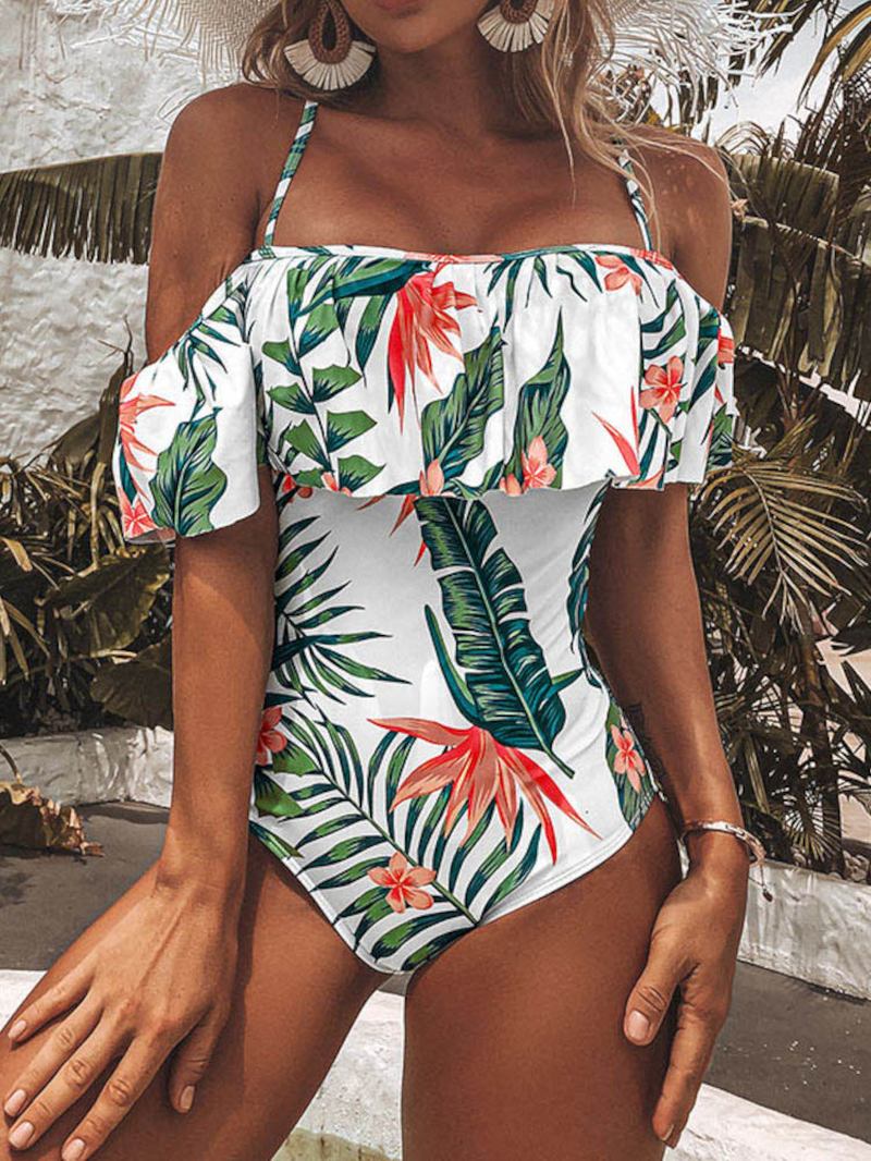 Tropisk Växt Med Tryck Volang Strappy Backless Holiday One Piece Hawaii Style Badkläder