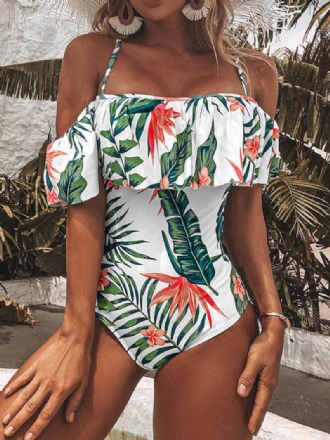 Tropisk Växt Med Tryck Volang Strappy Backless Holiday One Piece Hawaii Style Badkläder