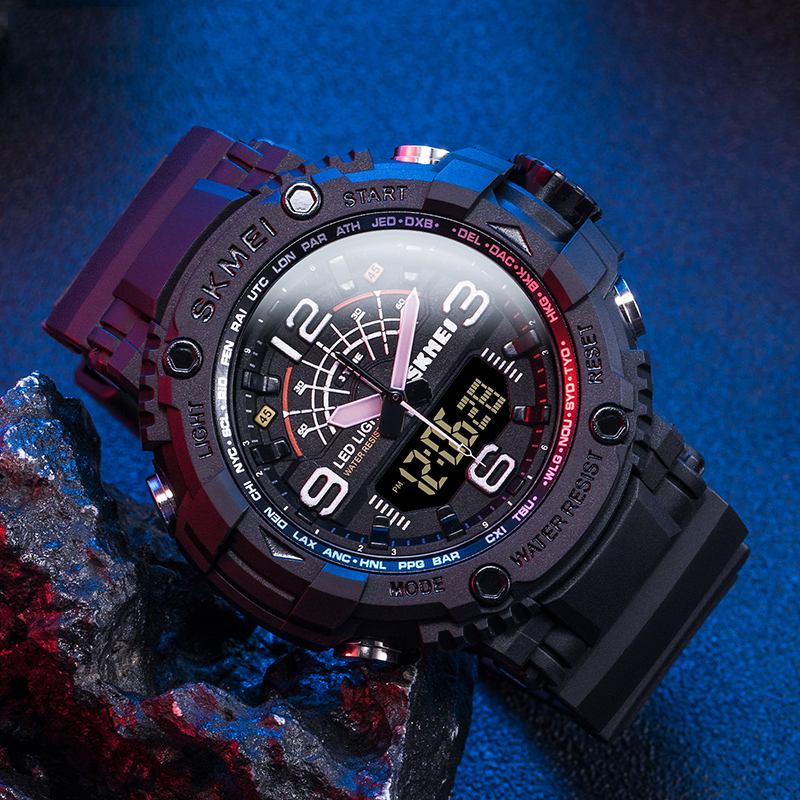 Led-ljus Sport Män Digital Watch 5atm Vattentät Stoppur Kamouflage Dual Display Watch