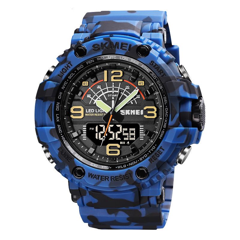 Led-ljus Sport Män Digital Watch 5atm Vattentät Stoppur Kamouflage Dual Display Watch