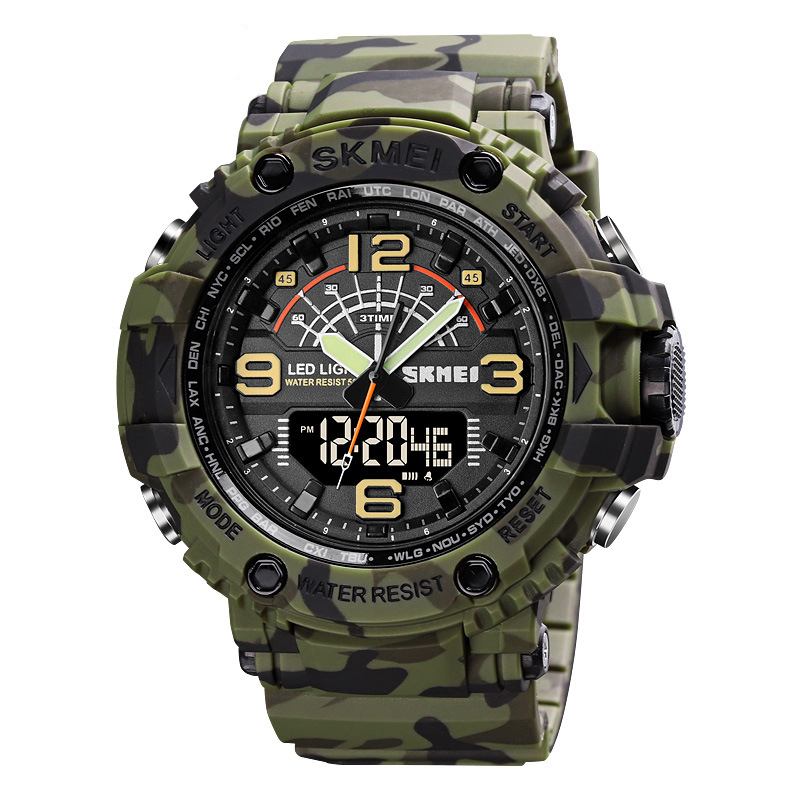 Led-ljus Sport Män Digital Watch 5atm Vattentät Stoppur Kamouflage Dual Display Watch