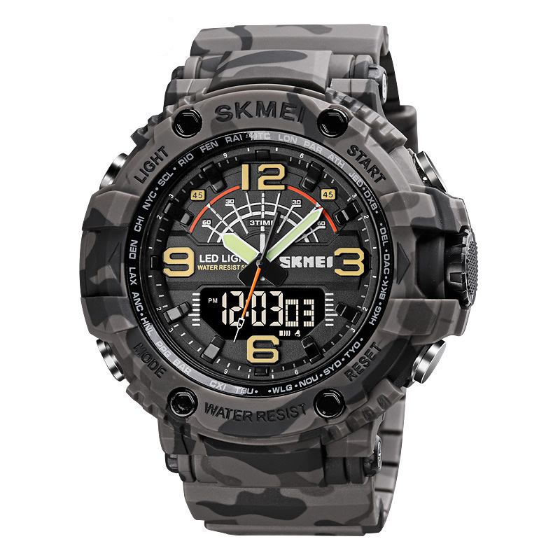 Led-ljus Sport Män Digital Watch 5atm Vattentät Stoppur Kamouflage Dual Display Watch