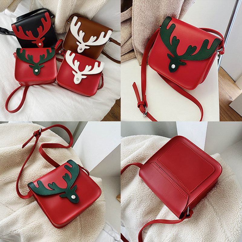 Dam Konstläder Kontrastfärg Jul Älgmönster Liten Fyrkantig Väska Crossbody-väska Axelväska