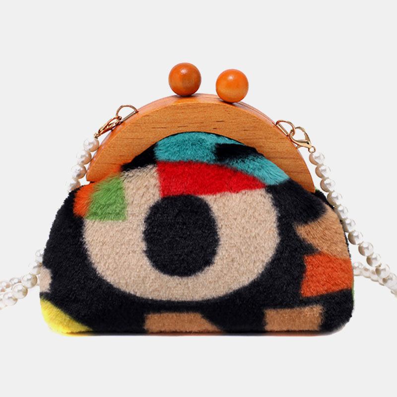 Dam Plysch Tie-dye Patchwork Pearl Chain Axelväska Crossbody Bag