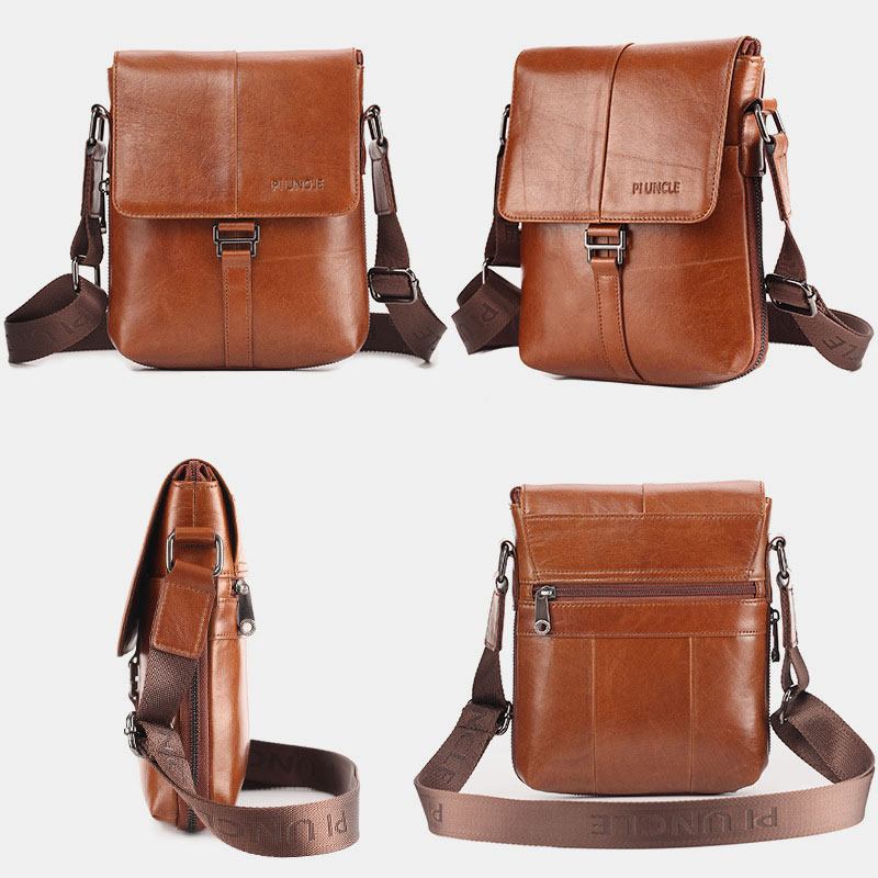 Första Lager Nötskinn För Män Med Flera Fickor Stöldskyddad Crossbody Axelväska Retro 7.9 Tums Ipad-väska