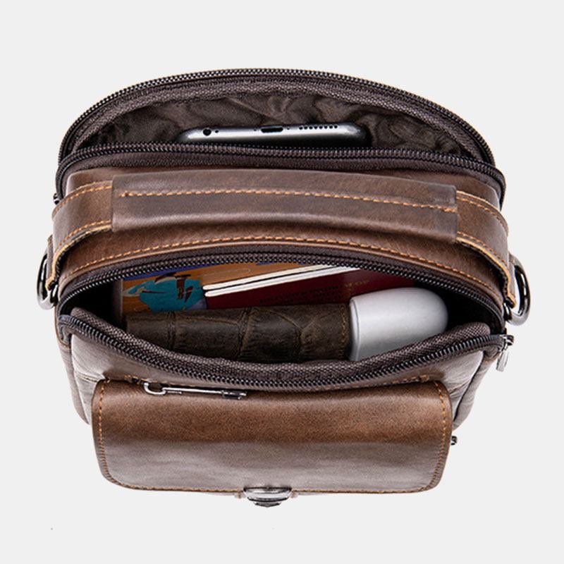 Herr Äkta Läder Rygg Stöldskyddsficka Crossbody-väskor Retro Multi-pocket Slitsäker Messenger Bag Axelväska