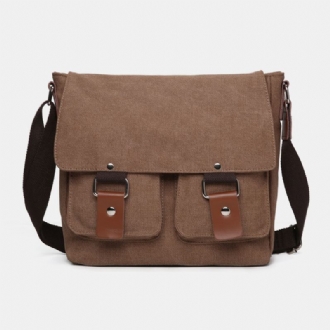 Herr Dubbel Framficka Med Stor Kapacitet Crossbody-väska Retro Canvas Horisontell Enfärgad Stöldskyddsaxelväska