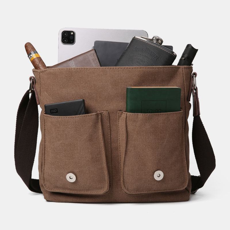 Herr Dubbel Framficka Med Stor Kapacitet Crossbody-väska Retro Canvas Horisontell Enfärgad Stöldskyddsaxelväska