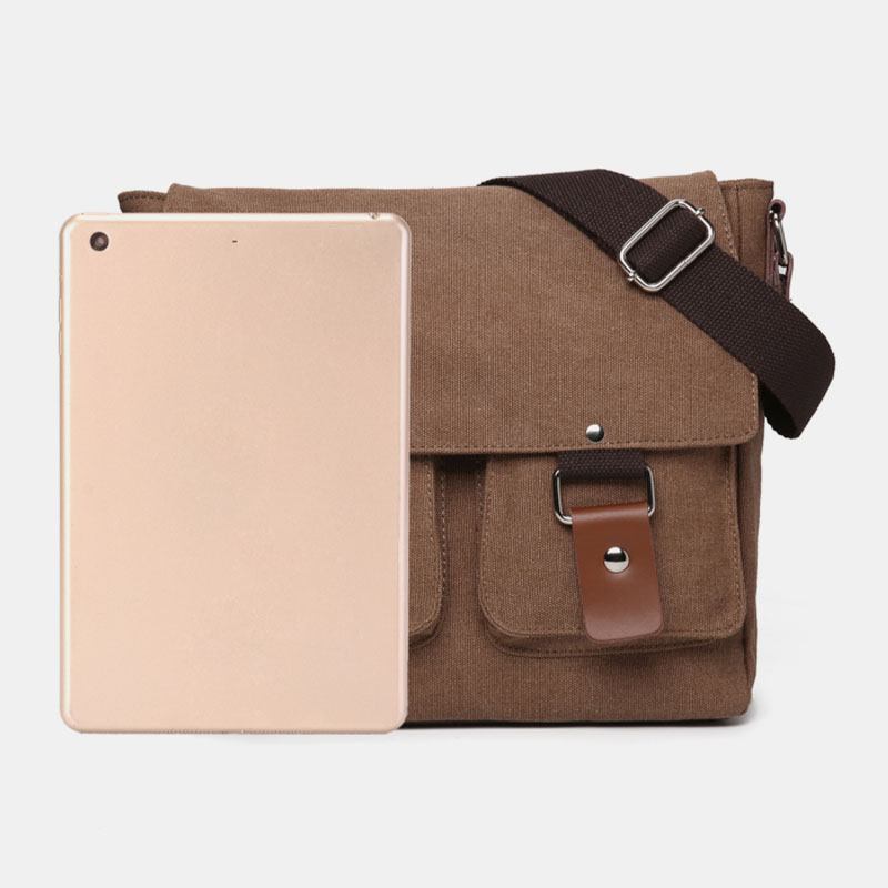 Herr Dubbel Framficka Med Stor Kapacitet Crossbody-väska Retro Canvas Horisontell Enfärgad Stöldskyddsaxelväska