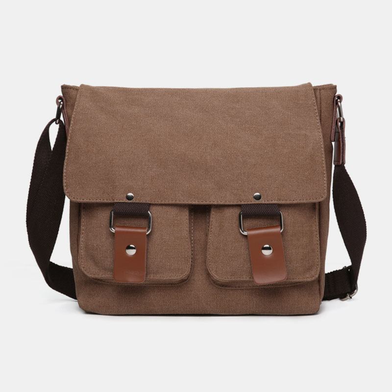 Herr Dubbel Framficka Med Stor Kapacitet Crossbody-väska Retro Canvas Horisontell Enfärgad Stöldskyddsaxelväska