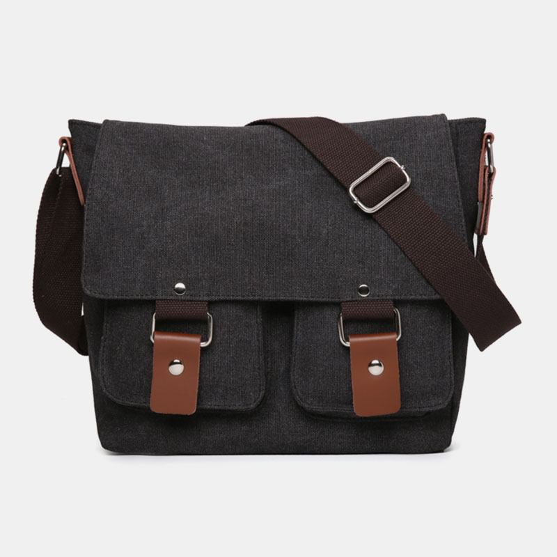 Herr Dubbel Framficka Med Stor Kapacitet Crossbody-väska Retro Canvas Horisontell Enfärgad Stöldskyddsaxelväska