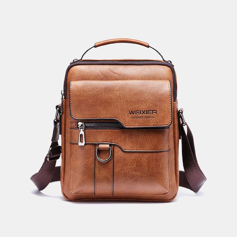 Herr Pu-läder Retro Business Stor Kapacitet Multi-pocket Enfärgad Axelväska Crossbody-väska