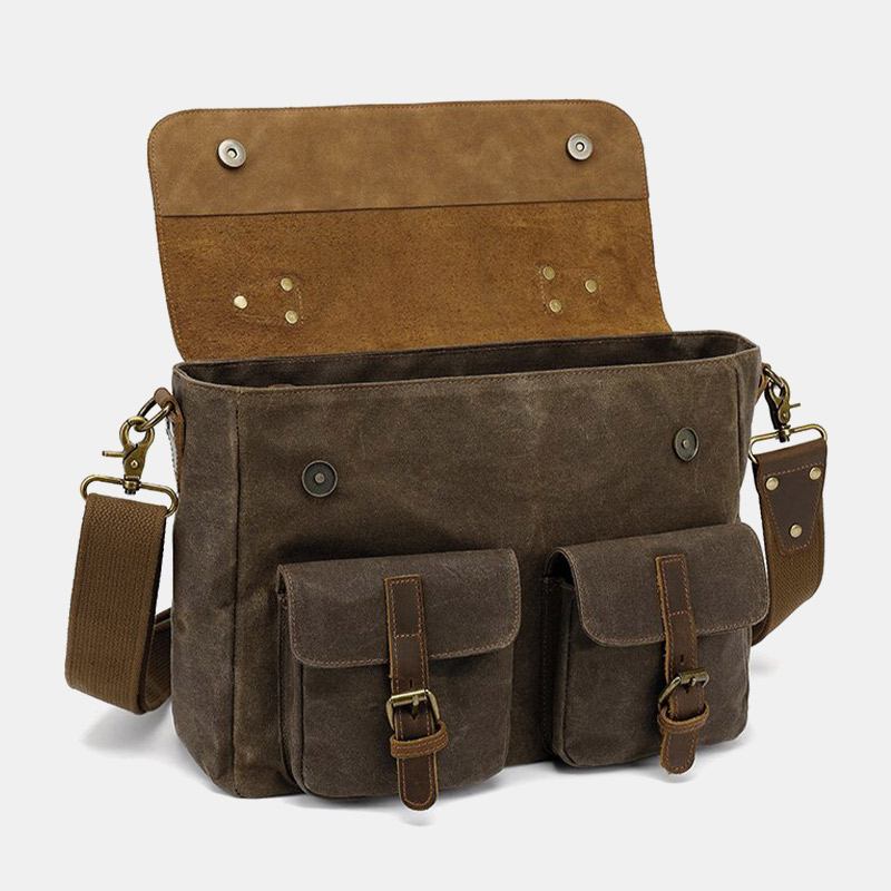 Herr Vintage Multi-fickor Slitstark Portfölj I Äkta Läder Crossbody Axelväska