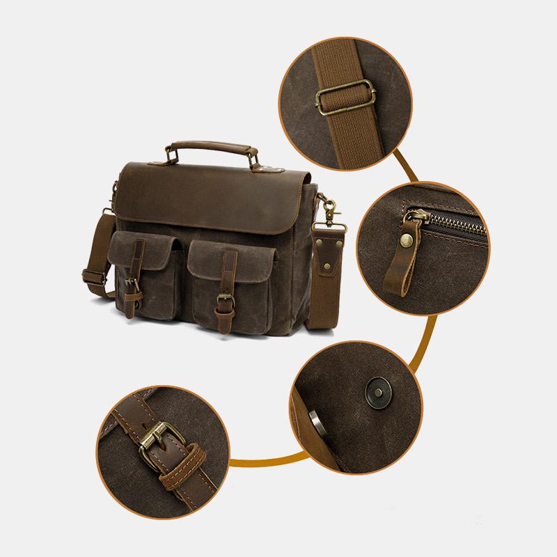 Herr Vintage Multi-fickor Slitstark Portfölj I Äkta Läder Crossbody Axelväska