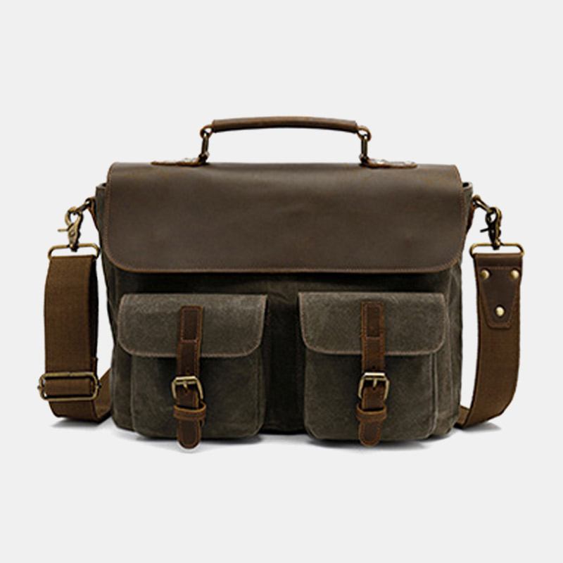 Herr Vintage Multi-fickor Slitstark Portfölj I Äkta Läder Crossbody Axelväska