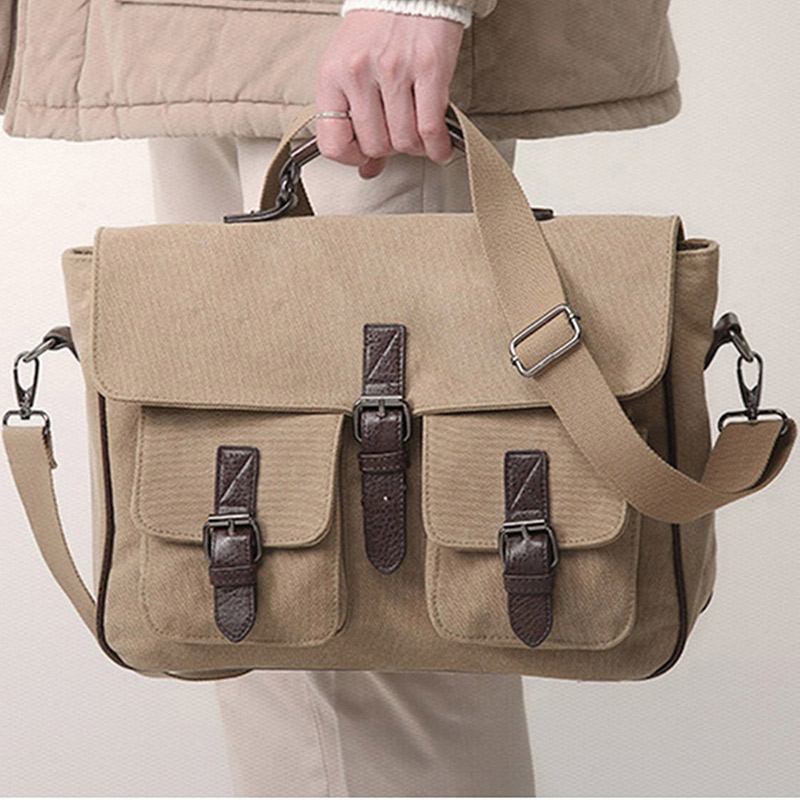 Herr Vintage Rub Färg Slitstark Multi-fickor Canvas Portfölj Crossbody Axelväska