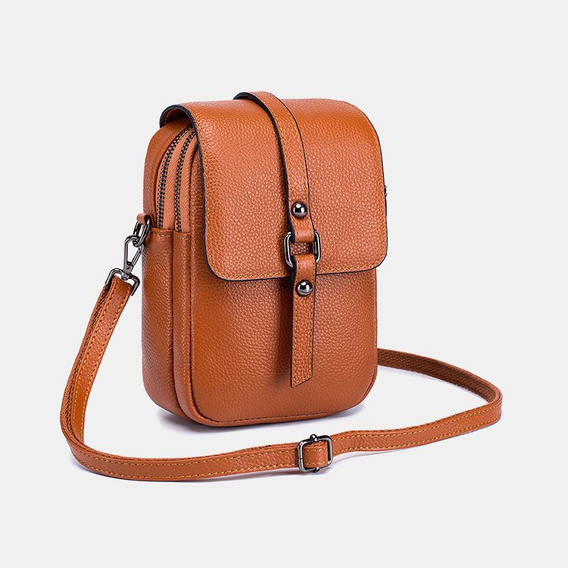 Kvinnor Äkta Läder Casual Retro Flerlagers Hörlurshål 6.5 Tums Telefonväska Crossbody-väska