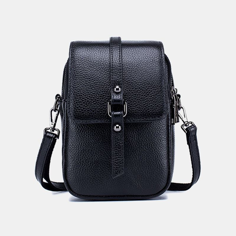 Kvinnor Äkta Läder Casual Retro Flerlagers Hörlurshål 6.5 Tums Telefonväska Crossbody-väska