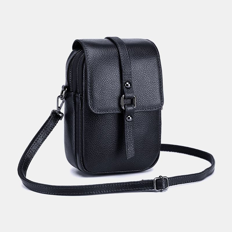 Kvinnor Äkta Läder Casual Retro Flerlagers Hörlurshål 6.5 Tums Telefonväska Crossbody-väska