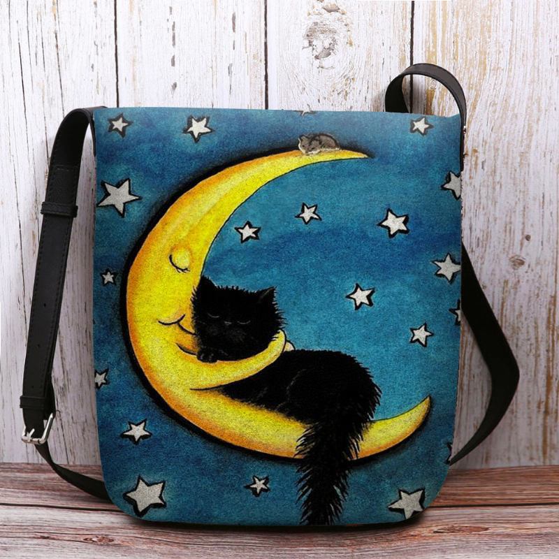 Kvinnor Filt Katt Moon Starry Sky Mönstertryck Crossbody Bag Axelväska