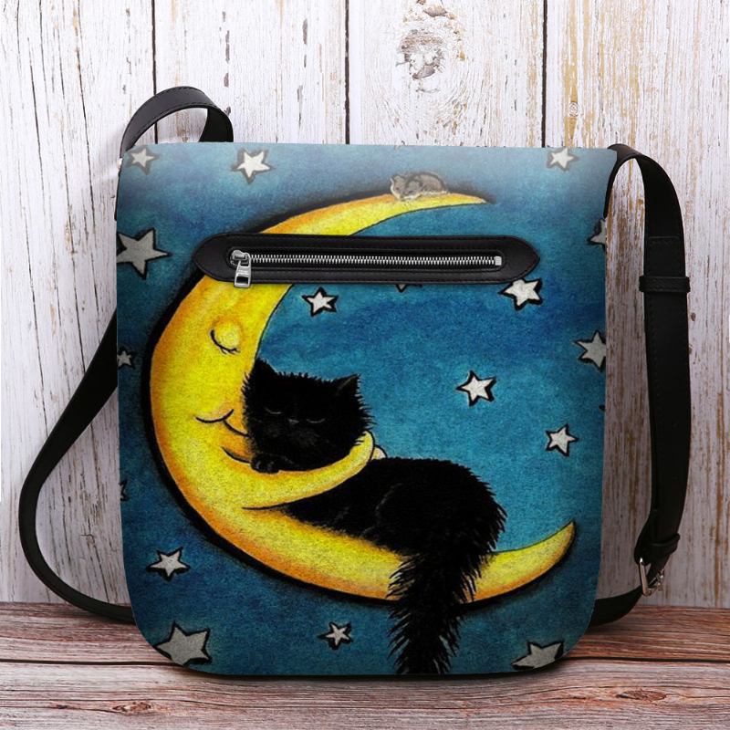 Kvinnor Filt Katt Moon Starry Sky Mönstertryck Crossbody Bag Axelväska