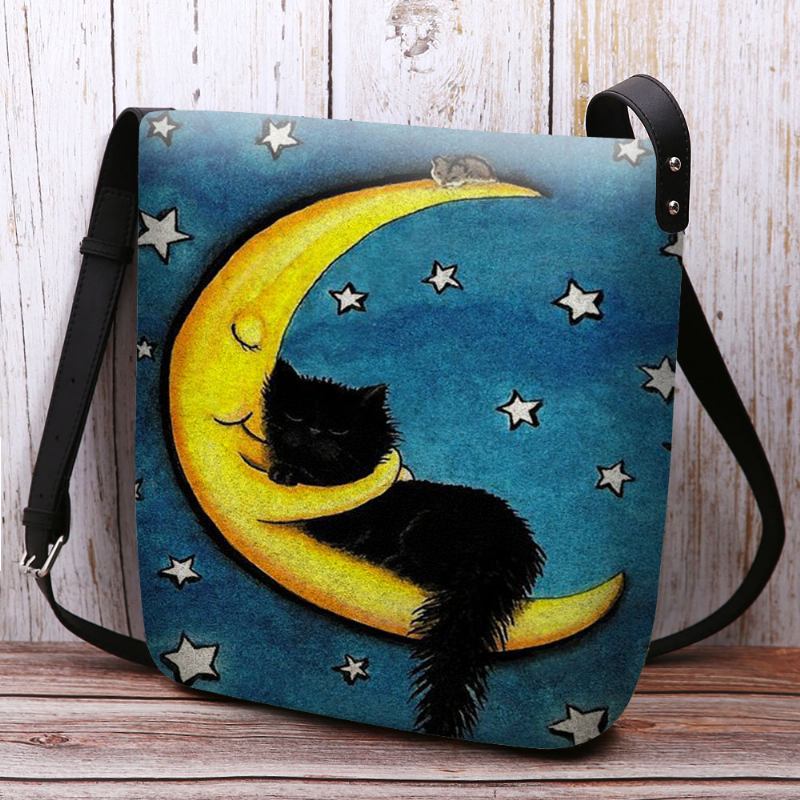 Kvinnor Filt Katt Moon Starry Sky Mönstertryck Crossbody Bag Axelväska