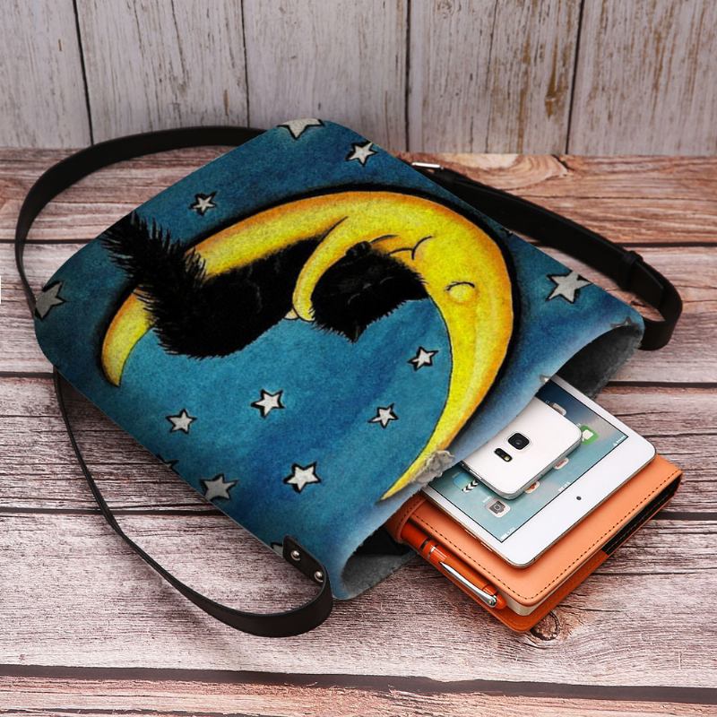 Kvinnor Filt Katt Moon Starry Sky Mönstertryck Crossbody Bag Axelväska