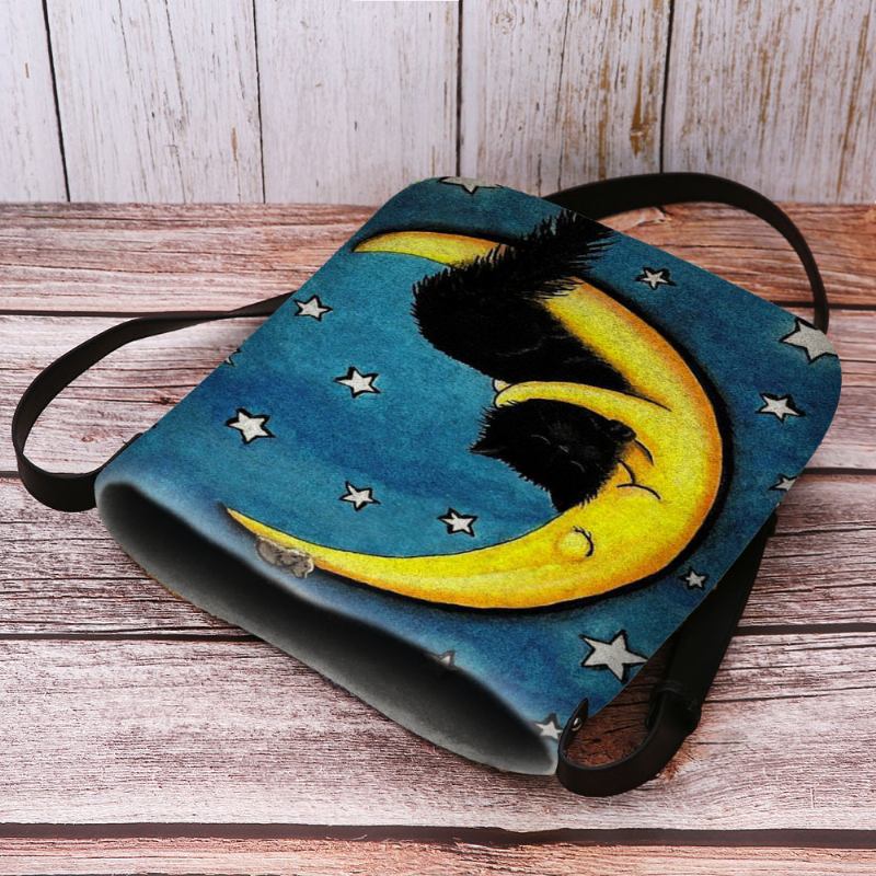 Kvinnor Filt Katt Moon Starry Sky Mönstertryck Crossbody Bag Axelväska