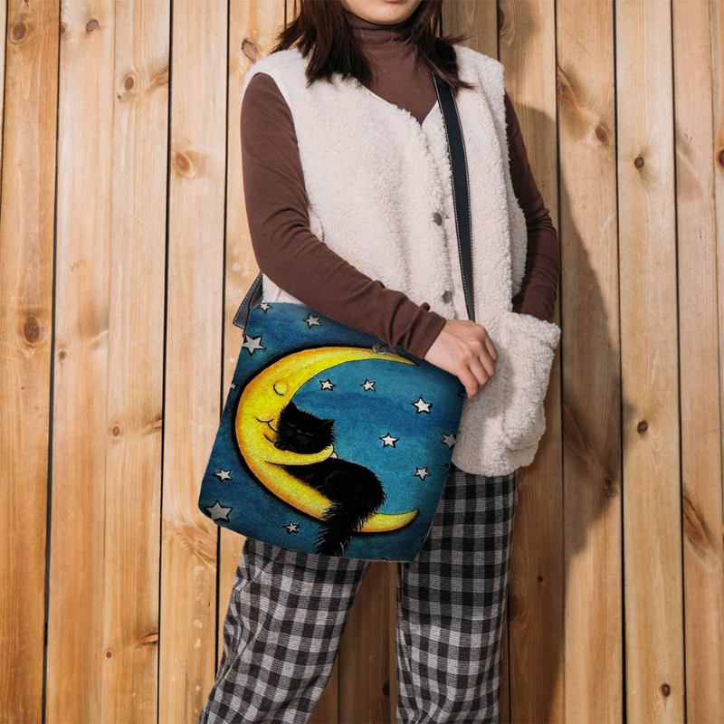 Kvinnor Filt Katt Moon Starry Sky Mönstertryck Crossbody Bag Axelväska